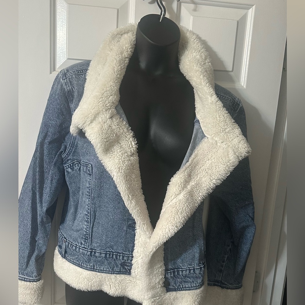 Plus Size Denim Jacket with Cream Sherpa Lining